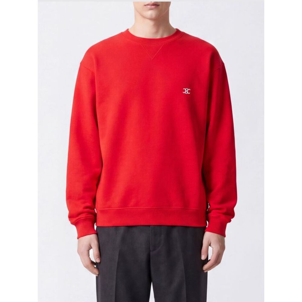 Celine Men Triomphe Logo Contrast-Embroidered Cotton Crewneck Sweatshirt Celine